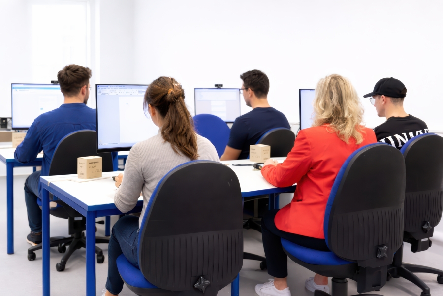 Gruppe von Personen sitzt an Computern in einem Schulungsraum und arbeitet konzentriert an Bildschirmen.