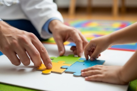 Ein Erwachsener und ein Kind setzen gemeinsam ein buntes Puzzle zusammen.
