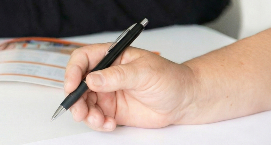 Eine Hand hält einen Stift und im Hintergrund liegt eine Broschüre.