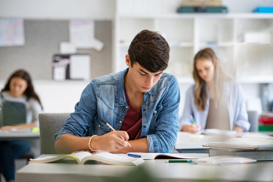 Schüler sitzt konzentriert an einem Tisch und schreibt in ein Buch, während andere im Hintergrund ebenfalls lernen.