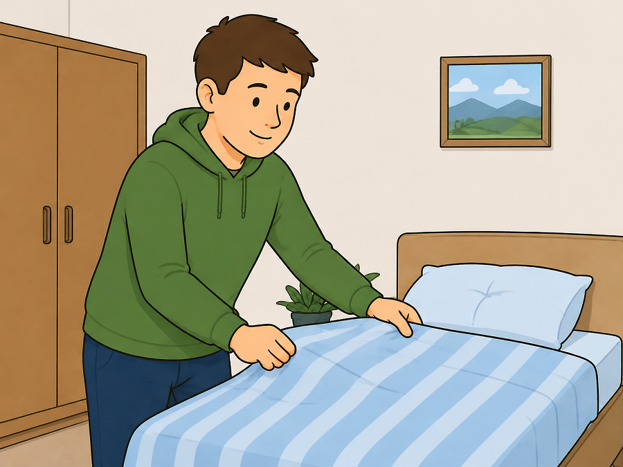 Eine junge Person macht selbst ihr Bett.