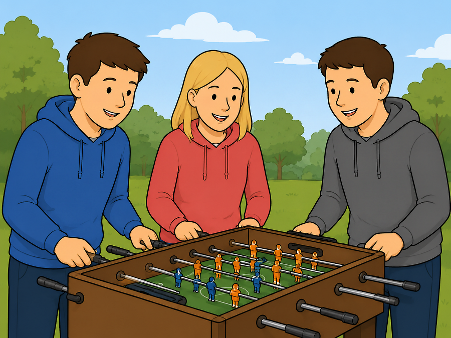 Drei junge Menschen spielen gemeinsam Tischfußball.