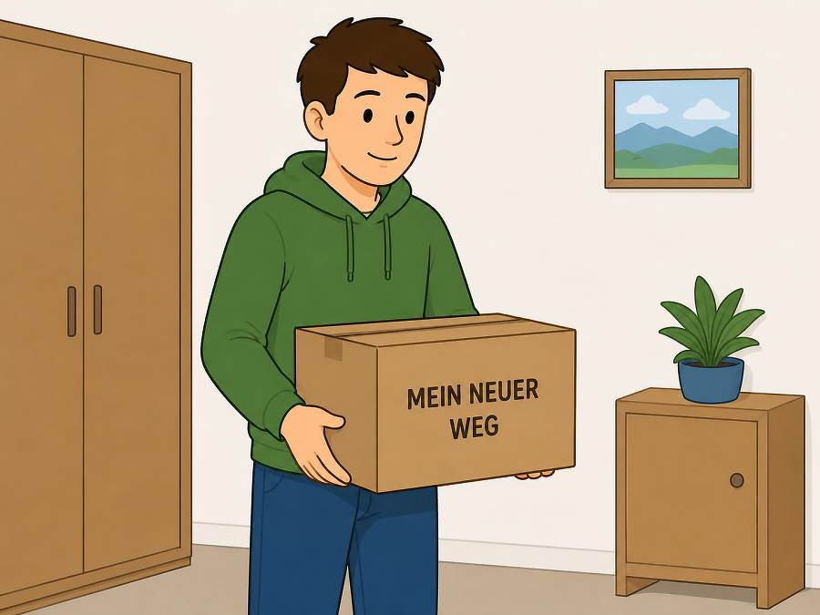 Eine junge Person trägt einen Umzugskarton in ihr neues Zimmer.