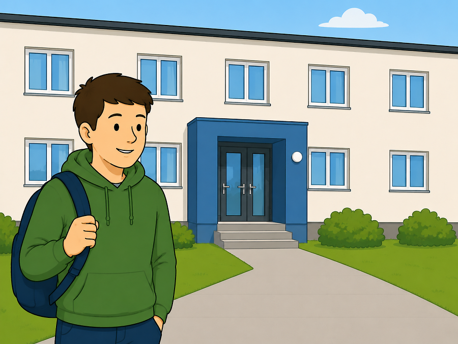 Eine junge Person steht vor einem Gebäude.