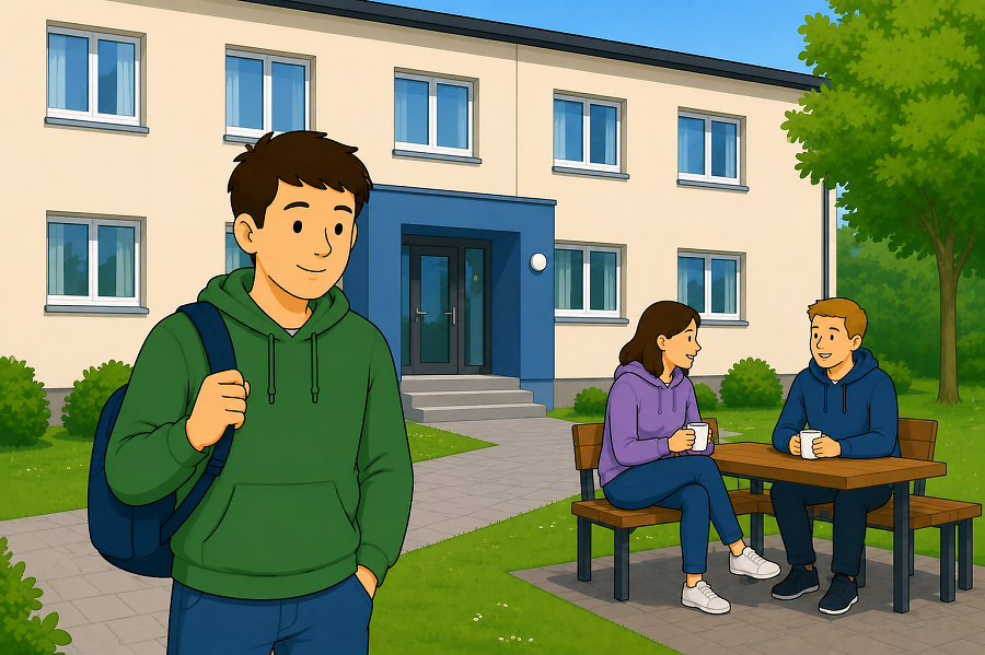 Eine junge Person steht vor dem Wohnhaus.