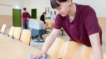 Auszubildende reinigt Tische in einem Schulungsraum der Hauswirtschaft im Berufsbildungswerk Hettstedt.