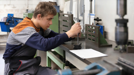 Auszubildender arbietet an einem Werkst&uuml;ck in der Metallwerkstatt mit einem Ger&auml;t