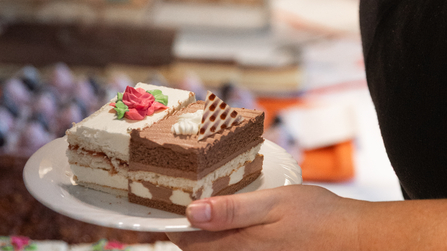 Hand reicht Kuchen beim Verkauf zum Adventsmarkt Hettstedt 2025