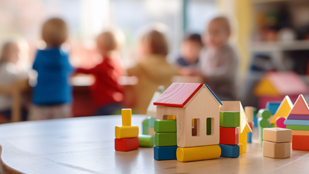 H&auml;user aus Baukl&ouml;tzen im Hintergrund Kita Kinder