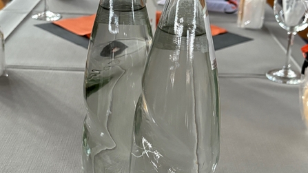 2 Wasserflaschen im Vordergrund, dahinter Tischdekoration einer langen Tafel