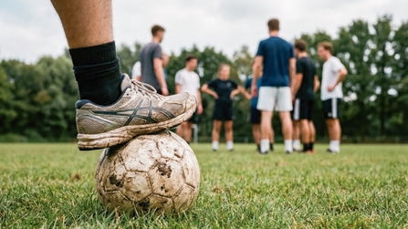 Nahaufnahme von Fu&szlig; mit Sportschuh, der auf Fu&szlig;ball steht, im Hintergrund stehen weitere Spieler
